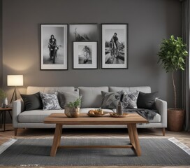 Brown couch, wooden dining table, black & white photos, grey wall, chic living space, white, house