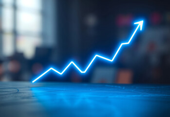 Blue neon arrow pointing upward symbolizes business growth and success
