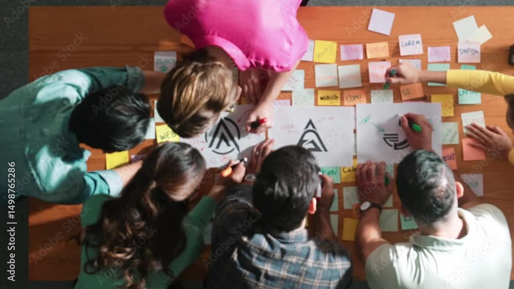 Poster top down aerial view of skilled designer hold logo while discuss with team. aerial business group wo