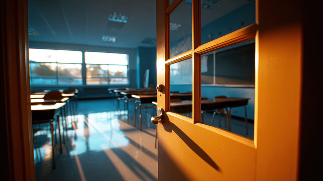 Empty classroom seen through open door during late afternoon with sunlight casting shadows inside, bright windows showing outdoor scenery, and rows of desks and chairs modern educational setting