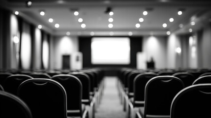 Empty conference room set up for training session with rows of chairs facing large screen, dim lighting creating professional and focused atmosphere, suitable for presentations or seminars