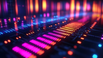 Obraz premium Abstract digital landscape with vibrant, glowing lines and patterns, creating a futuristic, dynamic scene