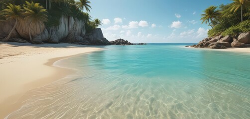 Golden sand, turquoise water, lush island backdrop,  sky,  wave
