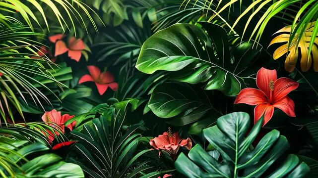 Lush tropical jungle with vibrant red flowers and swaying green leaves. Video for nature, summer, wellness, or exotic travel themes. Seamless loop with gentle motion.