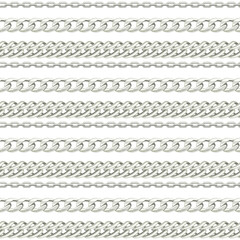 Metal chain seamless pattern. Silver necklaces on white background. Vector cartoon flat illustration of jewelry