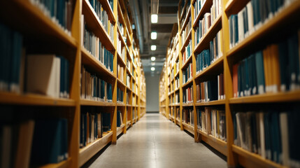 Obraz premium Quiet library aisle with tall wooden bookshelves filled with books, well lit and organized, creating peaceful atmosphere for reading and studying