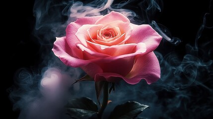 Close-up of a vibrant pink rose with delicate petals surrounded by swirling mist on a dark background, evoking a mysterious and enchanting mood