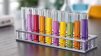 Set of test tubes filled with colorful liquids arranged in rack on laboratory table, with blurred laboratory equipment and colorful containers in background, creating vibrant scientific scene