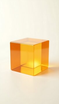 Vibrant transparent orange cube displayed against a soft white background with shadows