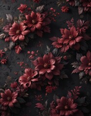 Luxurious dark floral wallpaper, embossed texture , botanical, black, design