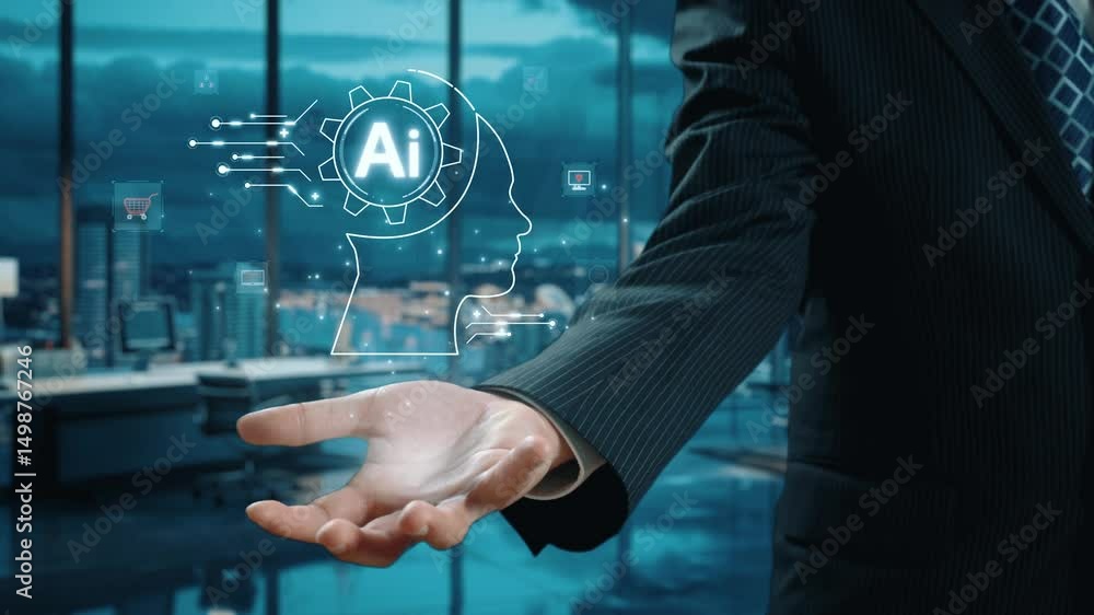 Poster human interact with ai artificial intelligence brain processor in concept of ai artificial intellige