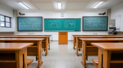 Empty classroom with multiple blackboards displaying technical diagrams and charts, wooden desks and chairs, bright lighting, windows on side, and clean, organized environment for learning
