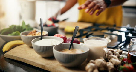 Bowls, cooking and ready with man in kitchen of home for hobby, meal prep or nutrition....