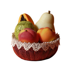 Obraz premium Decorative Marzipan Fruit Basket Peaches Pears and Papaya in a Rustic Bowl