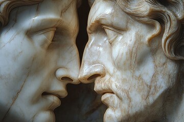 Close-up of two classical marble sculptures facing each other, capturing intense and thoughtful expressions with detailed textures and carved facial features