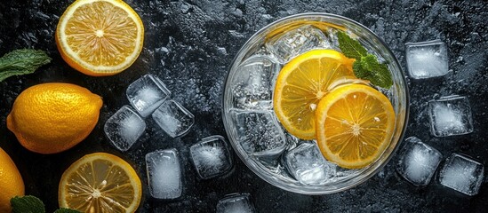Refreshing glass of iced lemon water with fresh lemon slices and mint leaves on a dark textured surface surrounded by ice cubes and whole lemons