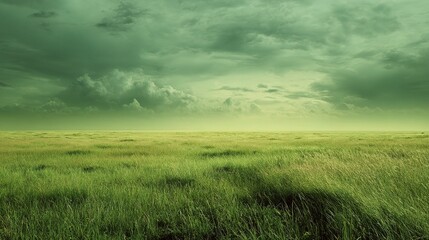 Obraz premium Expansive Grassland Under Green Tinted Sky with Dramatic Clouds
