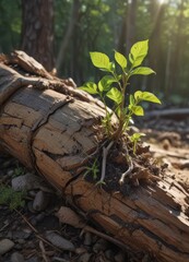 New sapling sprouts from decaying log, sunlight dappled , organic, sapling