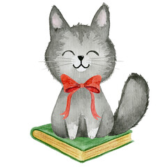 Obraz premium Watercolor Back to School Cat with Books and Glasses.Back to School.