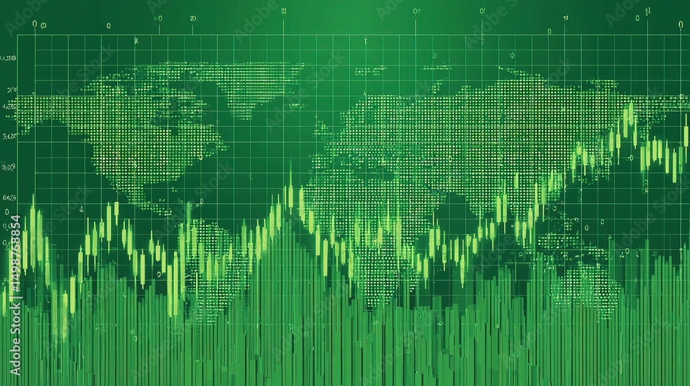 Poster green digital financial chart on canvas with global map background