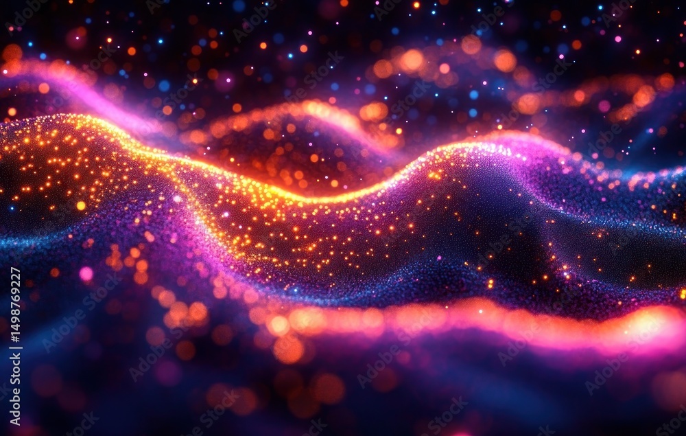 Poster colorful glowing waves of orange and pink particles creating a dynamic, flowing abstract landscape w