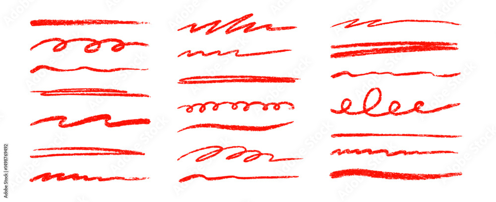 Poster red line underline crayon pencil brush stroke set. handwritten highlight doodle sketch scribble unde