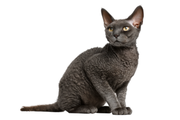 Elegant grey cornish rex cat with curly fur sitting and looking alert, cut out