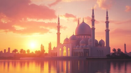 Mosque at Sunrise. Calm, serene mosque at dawn, reflecting in a tranquil water