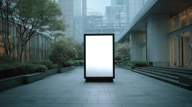 Freestanding empty lightbox with white screen surrounded by urban architecture, glass buildings and minimalist landscaping. Concept for city advertising and branding