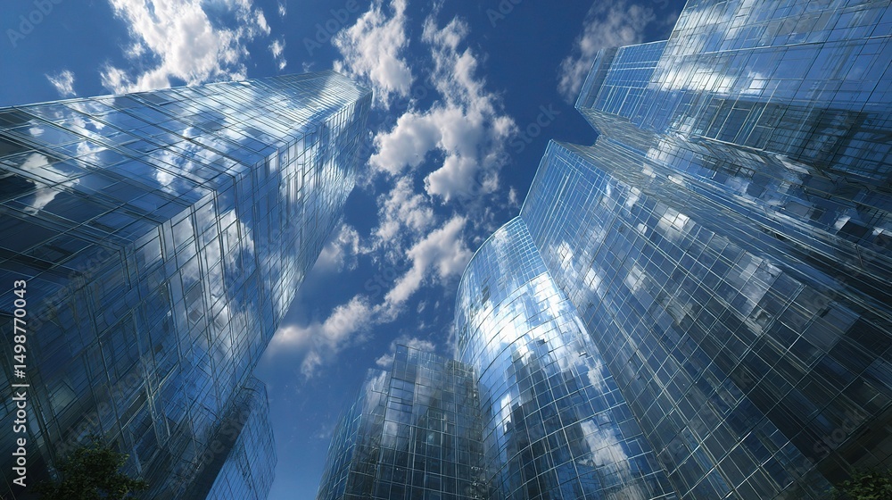 Poster skyscraper cluster viewed from street level with dynamic perspective
