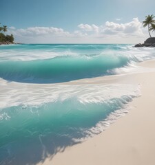 Turquoise waves curl, crashing on a white sand beach  Sunlit, tropical scene , wave, beach, sky