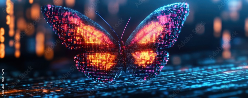 Poster digital butterfly glowing with neon orange and blue lights composed of pixelated data particles, sym