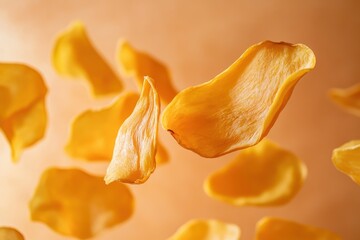 Dried mango slices float in front of a warm gradient background. Use for healthy snack ads or tropical fruit-related designs.