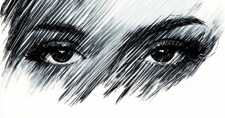 Fototapeta premium Black and white sketch of intense expressive eyes with detailed eyelashes and shading strokes conveying deep emotion