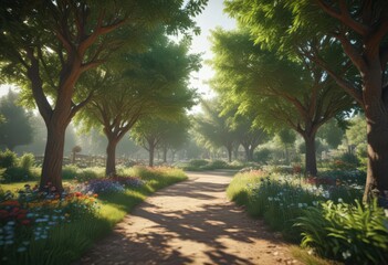 Bright, blurry garden scene, out-of-focus trees,  sun,  light