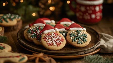 A variety of freshly baked Christmas cookies are displayed on a wooden plate, featuring images of reindeer, snowflakes, and Santa's hats, all decorated with bright red, green, and white icing.