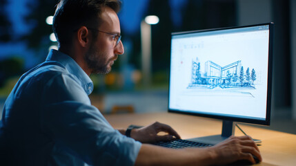 Man working on architectural design on computer at night, focused on screen displaying building sketch, with calm and concentrated expression, in modern workspace with blurred background lights