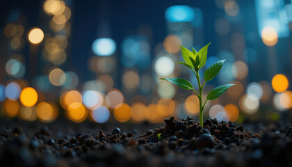 Eco-city miniature on mossy rock, urban background	
