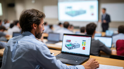 Man attending engineering lecture classroom with laptop open showing technical diagram surrounded by students with laptops presenter front with presentation slide modern educational setting