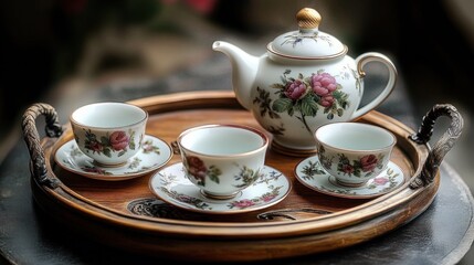 Elegant porcelain tea set on a wooden tray featuring a teapot and three matching cups and saucers adorned with pink floral designs and gold accents