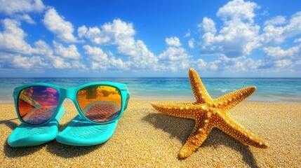 Beach vacation scene. Sunglasses and starfish on golden sand