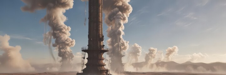 Towering endless column of steam obscures distant view, steam, whirl