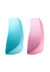 Two elongated climbing holds with smooth rounded edges in blue and pink colors vertically arranged on white background. Ideal for catalog or shop display.