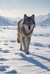 Lone wolf traversing snowy field, winter light,  stock image,  outdoors