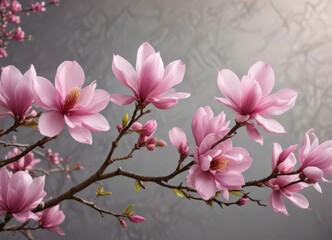 Fully bloomed pink magnolia flowers on a curving branch ,  garden,  springtime,  macro