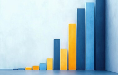 Three-dimensional rising bar graph with alternating blue and yellow bars against a light blue wall and floor, symbolizing growth and progress