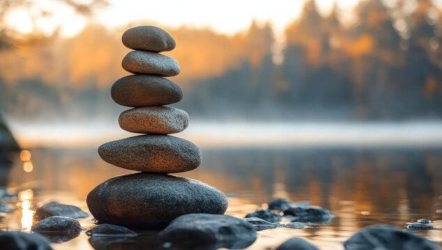 balanced stack of smooth stones on riverbed surrounded by water and blurred autumn forest background at golden hour - Powered by Adobe