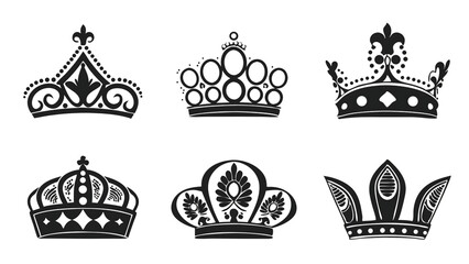 Obraz premium Six regal crown silhouettes: king, queen, tiara designs isolated on a white background