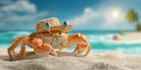 Funny Crab Wearing Straw Hat on Sunny Tropical Beach