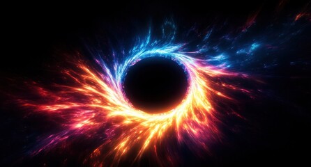 Obraz premium Vivid swirling cosmic vortex with fiery red, orange, and electric blue energy streams surrounding a dark central void, evoking powerful celestial forces and dynamic movement